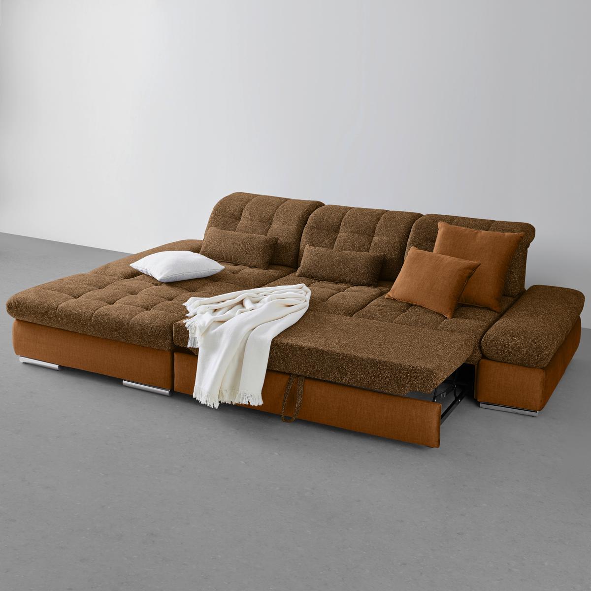 Wohnlandschaft Sanfino Cognac/Senfgelb - Chromfarben/Cognac, KONVENTIONELL, Holz/Textil (199/79-96/305cm) - Premium Living