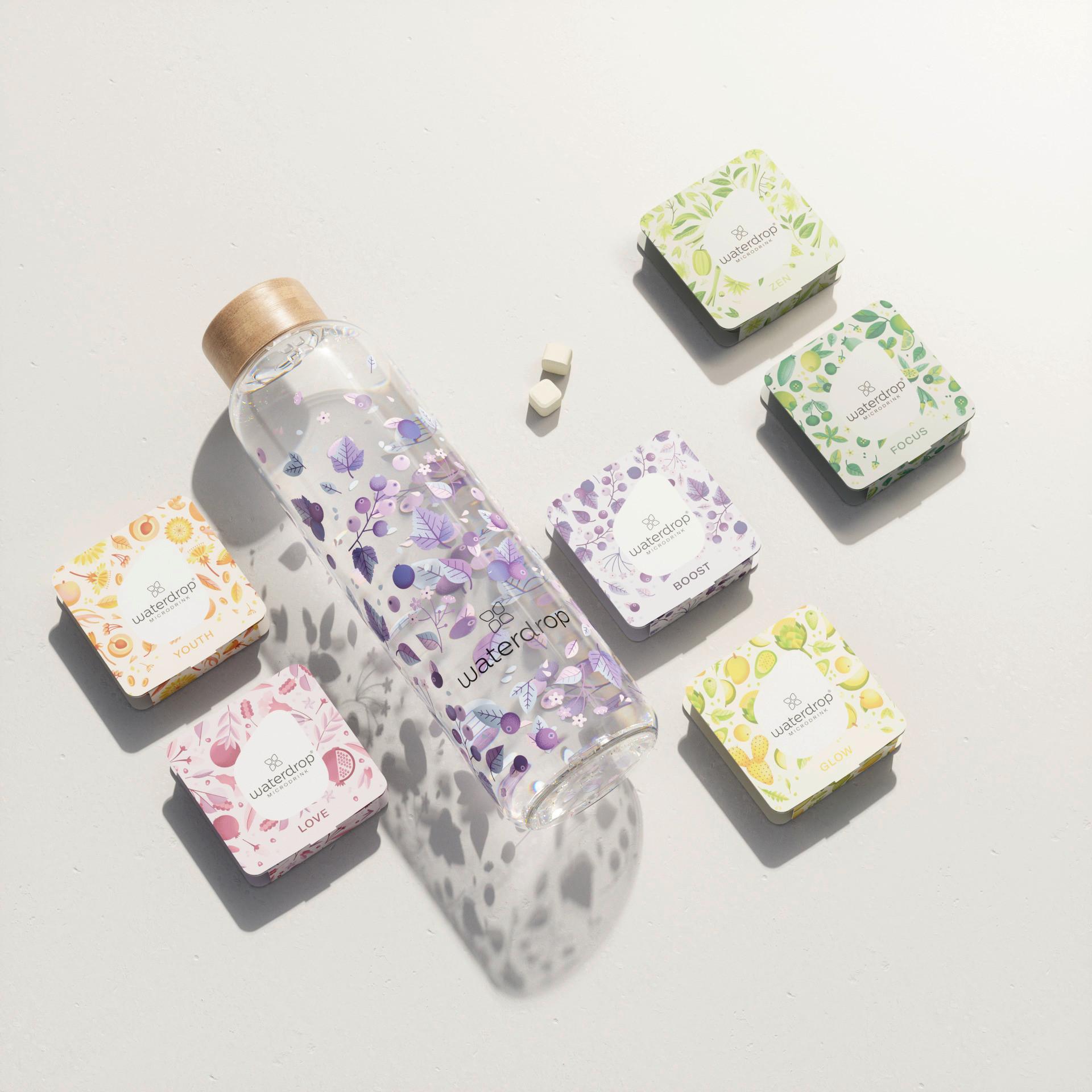BUTELKA DO PICIA STARTER SET GLASS BOTTLE BOOST - liliowy/przejrzysty, Trend, drewno/szkło (600ml) - waterdrop