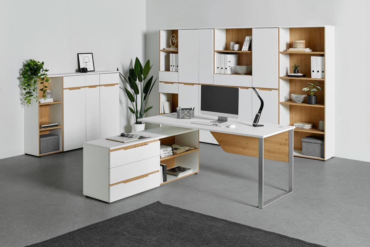 Eckschreibtisch Dallas Silber/Weiss/Eiche Artisan - Weiss/Silberfarben, Modern, Holzwerkstoff/Metall (180/77/160cm) - Mömax