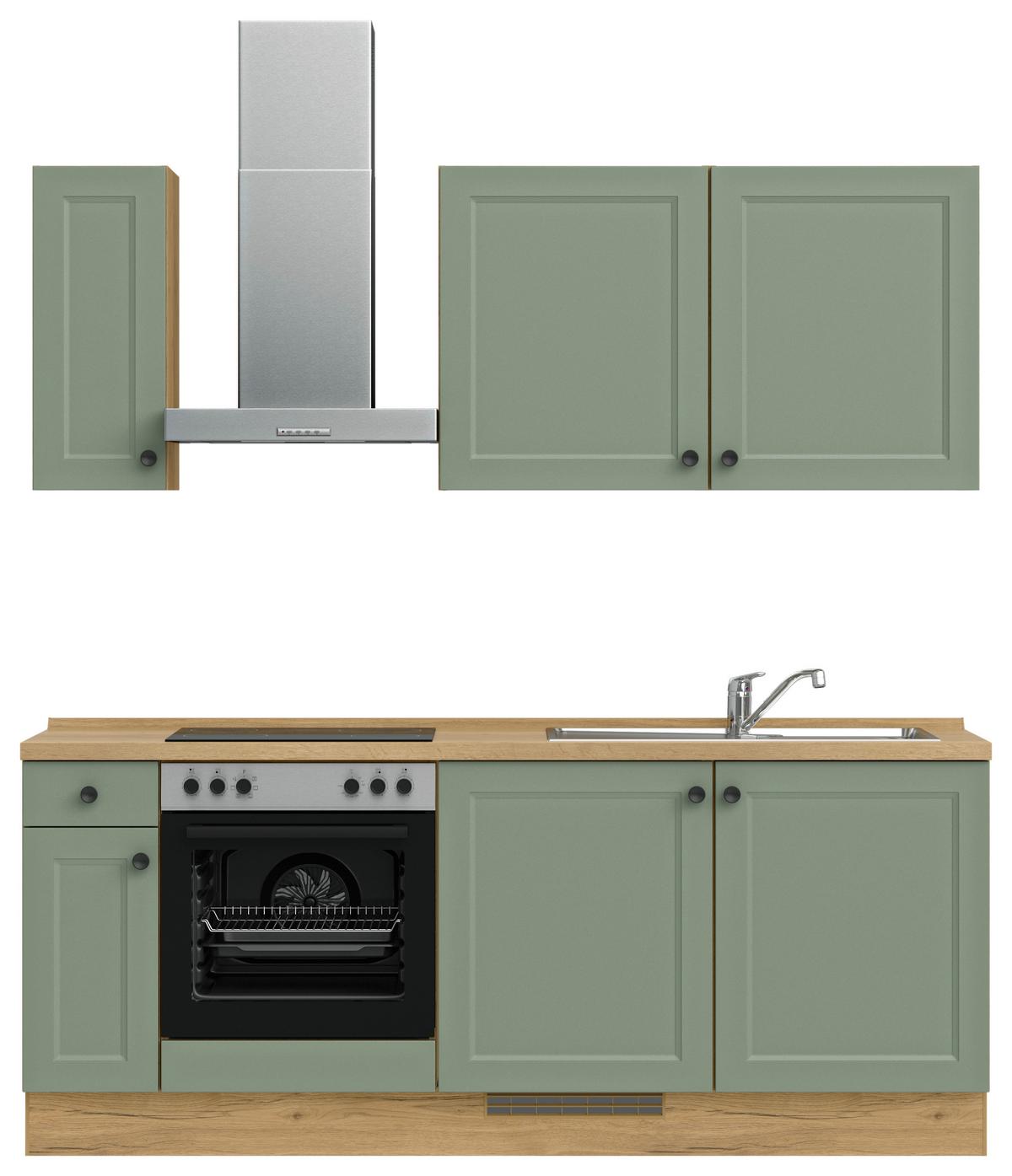 Küchenblock Cascada Low m. Geräten Schilfgrün - Schilfgrün/Eichefarben, MODERN, Holzwerkstoff/Metall (210cm) - Nobilia