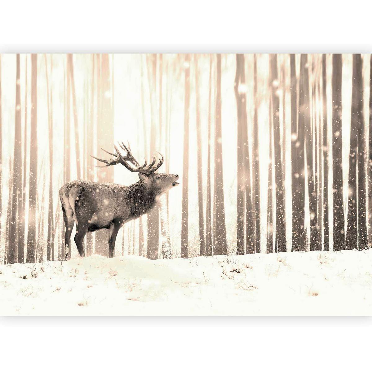 Fototapete Deer in the Snow Weiß/Beige - Beige/Weiß, LIFESTYLE, Textil (200/140cm) - artgeist
