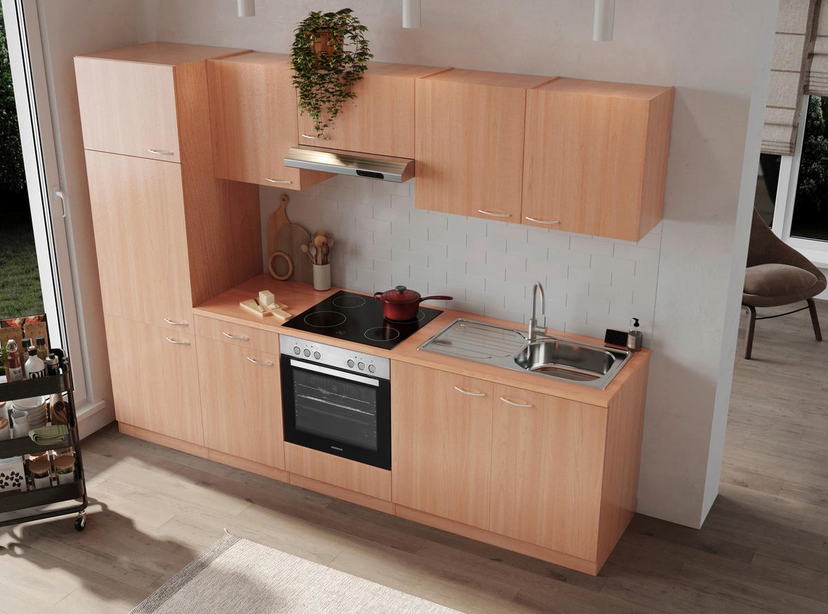 Küchenblock Gerda mit Geräten ca. 270 cm Buchefarben - Buchefarben/Alufarben, Basics, Holzwerkstoff/Kunststoff (270cm) - Respekta