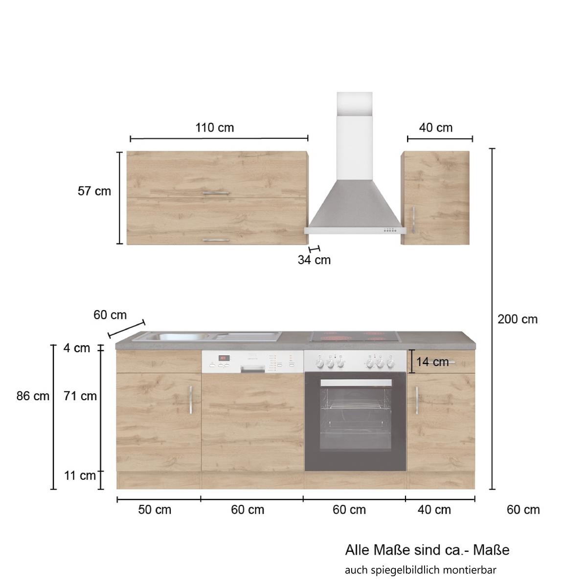 Küchenblock Sorrento mit Geräten ca. 210 cm Weiß - Chromfarben/Eiche Wotan, MODERN, Holzwerkstoff/Metall (210cm) - Held