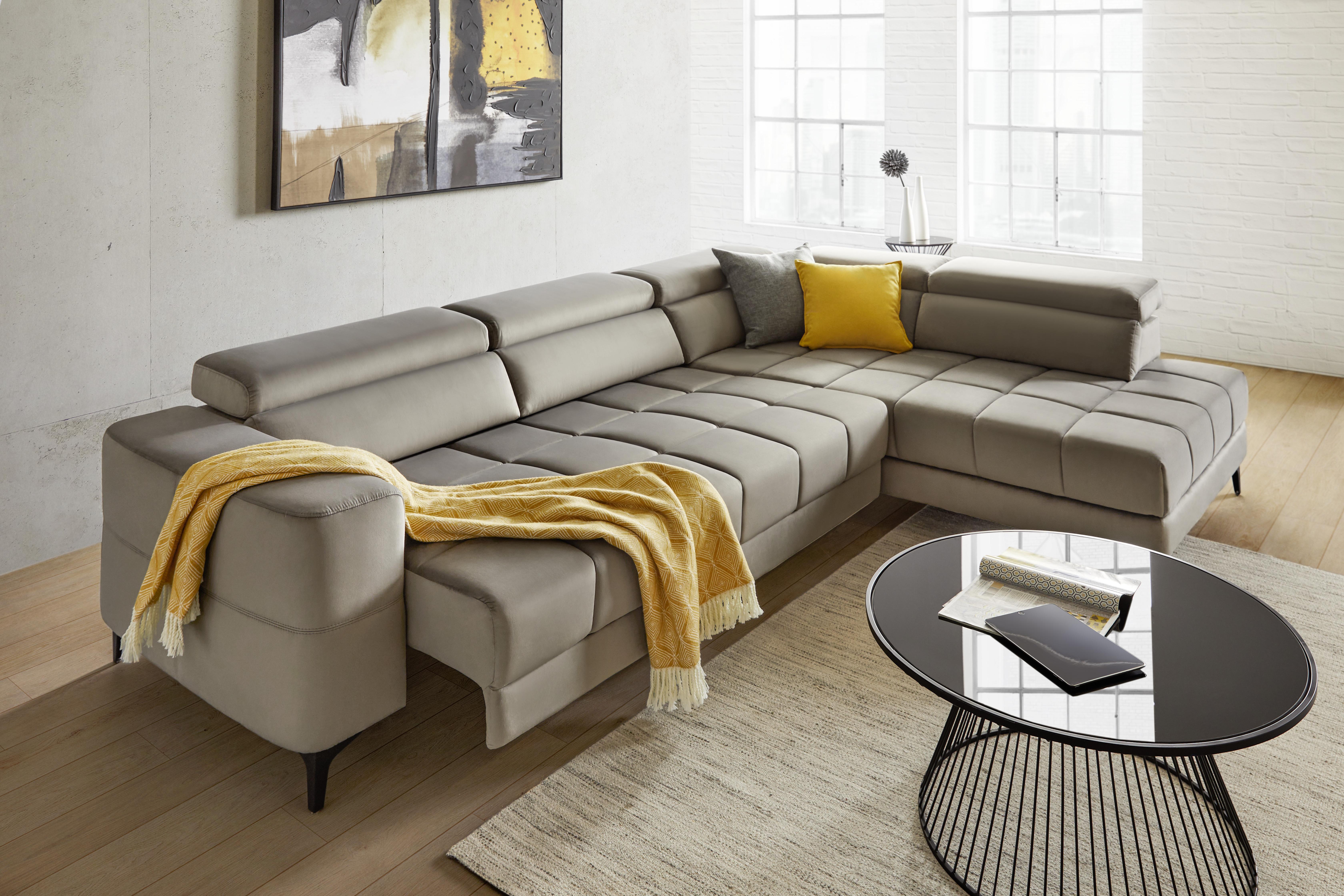 Ecksofa aus Samt in Grau - Grau, Modern, Textil/Metall (299/75/210cm) - Modern Living