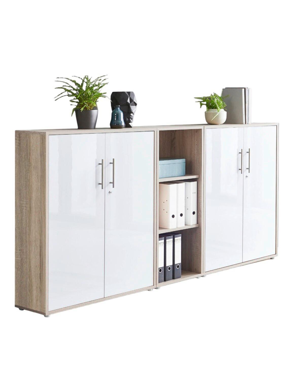 Aktenschrank Office Edition Sw Set 8 Sonoma Eiche/Weiß - Weiß Hochglanz/Sonoma Eiche, MODERN, Holzwerkstoff (213/114/33cm) - MID.YOU