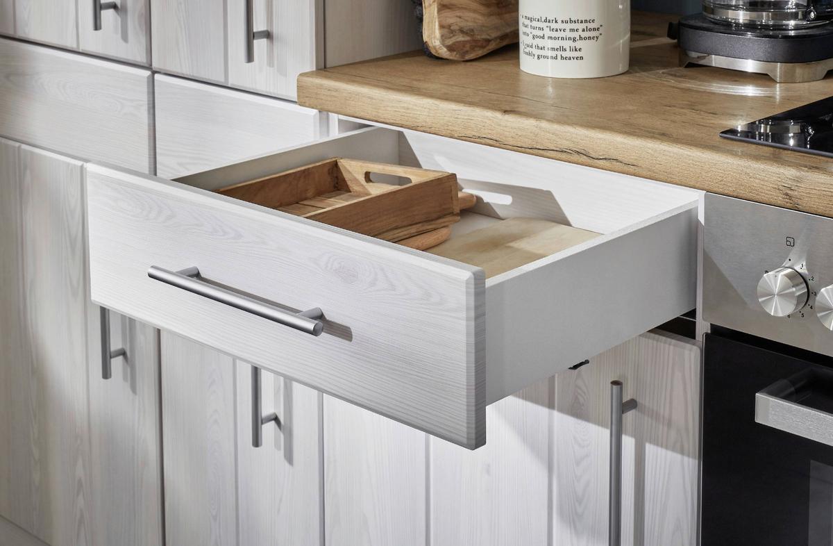 Eckküche Anton Landhaus ohne Geräte ca. 310x172cm Weiß - Wildeiche/Edelstahlfarben, Basics, Holzwerkstoff/Metall (310/172cm) - Respekta