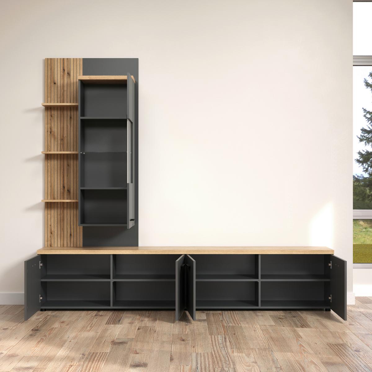 WOHNWAND BAGGIO - Eichefarben/Anthrazit, Design, Glas/Holzwerkstoff (240/212/40cm) - MID.YOU