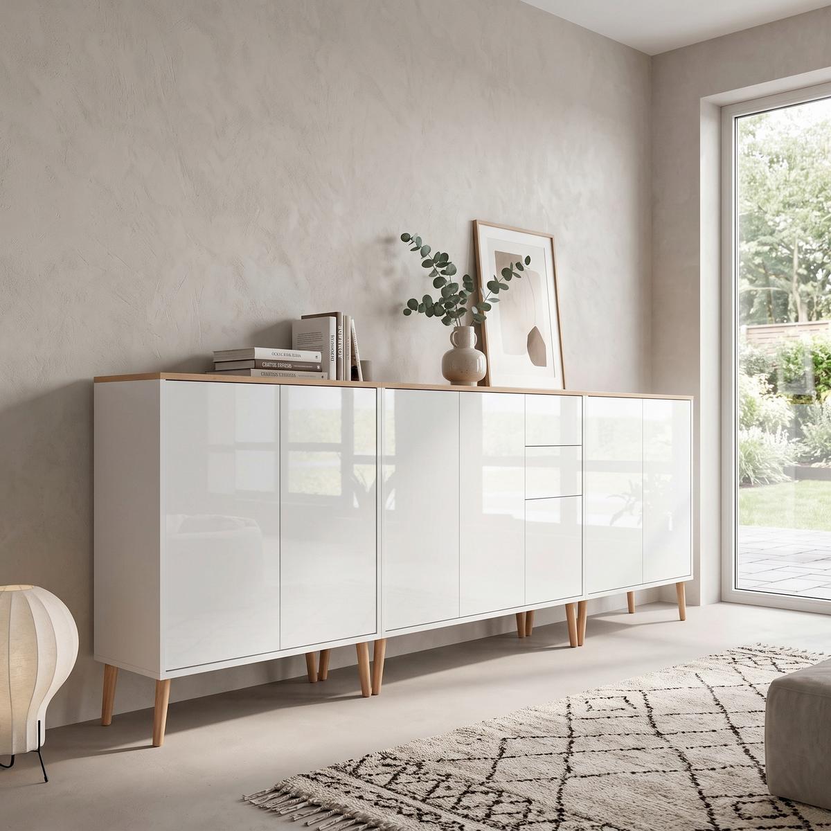 Sideboard Mailand Set 6 Weiß/Eiche - Weiß Hochglanz/Weiß, MODERN, Holz/Holzwerkstoff (263,5/86/33cm) - MID.YOU