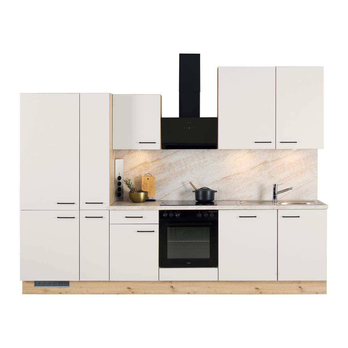 Küchenblock IP1200 o. Geräte Weiß/Eiche - Eichefarben/Schwarz, MODERN, Holzwerkstoff/Metall (310cm) - Impuls