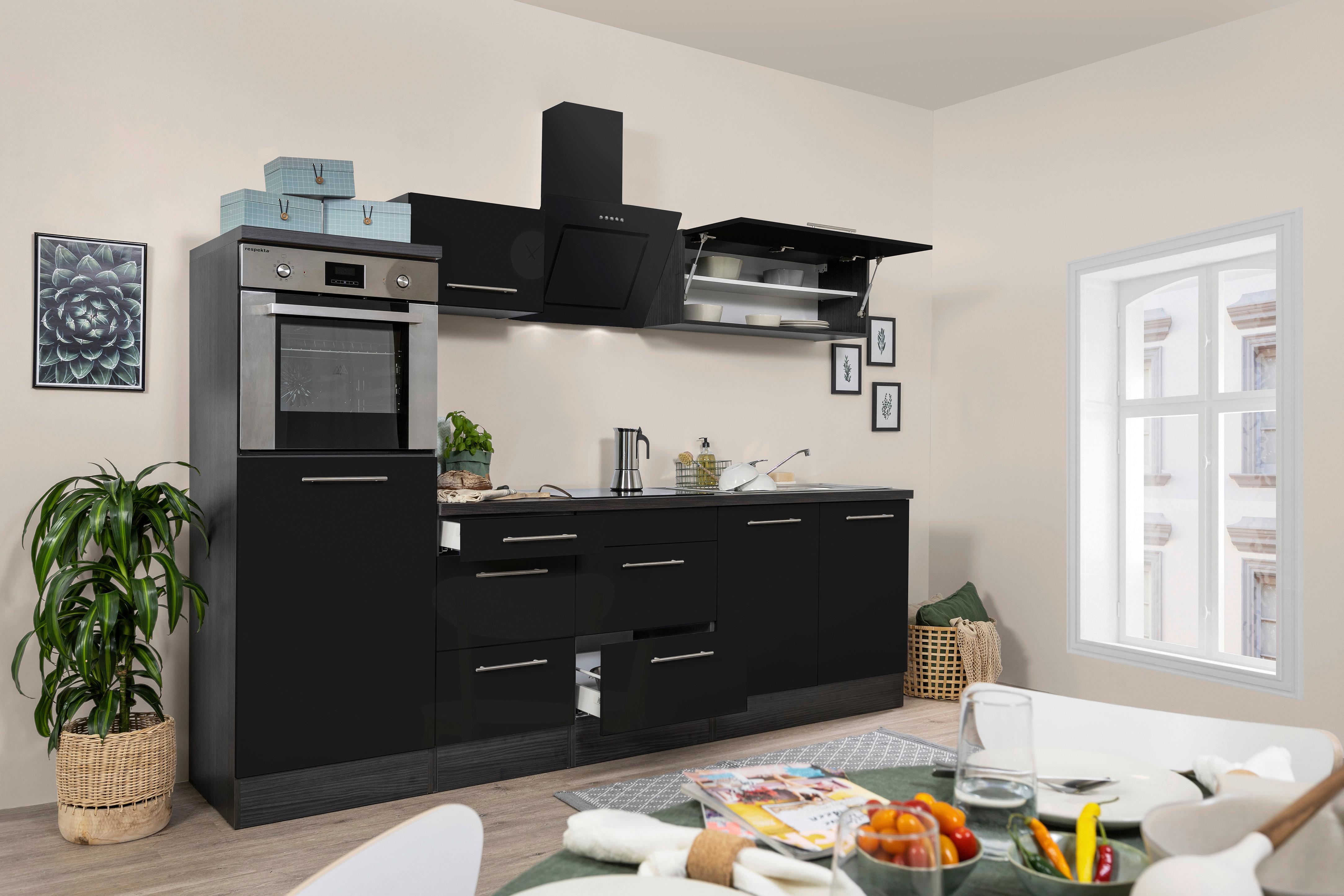 Küchenzeile mit Geräte Schwarz Hochglanz B: ca. 270 cm - Edelstahlfarben/Eichefarben, Basics, Holzwerkstoff/Metall (270cm) - Respekta