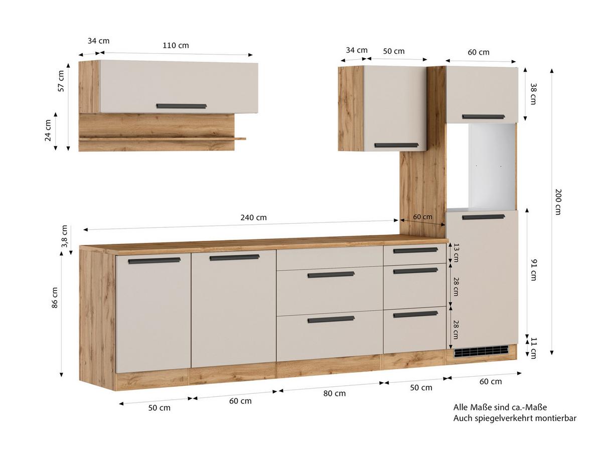 Küchenleerblock Aveiro o. Geräte Kaschmir - Kaschmir/Eiche Wotan, Trend, Holzwerkstoff/Metall (300cm) - Held