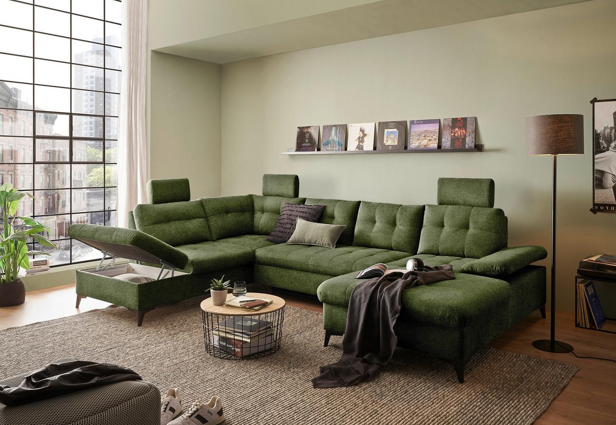 Wohnlandschaft Durban U ca. 218x324x170 cm Olivgrün - Schwarz/Olivgrün, KONVENTIONELL, Kunststoff/Textil (218/324/170cm) - MID.YOU