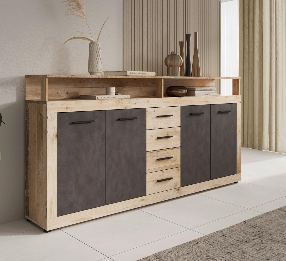 Široka Komoda Lupo, Antracit, Barva Hrasta - barve hrasta/antracit, Design, umetna masa/leseni material (190/96/32cm) - MID.YOU