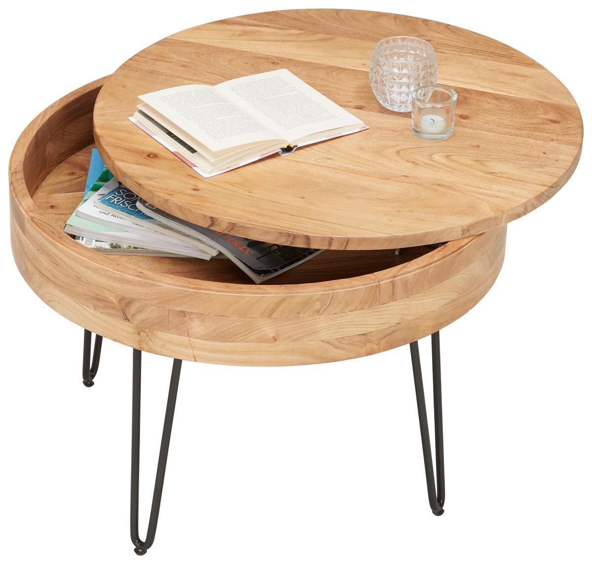 Dohányzóasztal Kerek Akácfa Stan - akáciaszínű/fekete, Lifestyle, fa/fém (70/70/50cm) - Zandiara