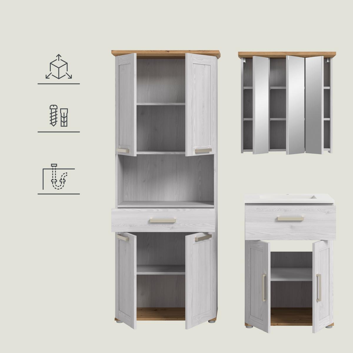 Badezimmer Verona Lärchefarben/Eiche Artisan - Silberfarben/Lärchefarben, Trend, Glas/Keramik (135cm) - MID.YOU