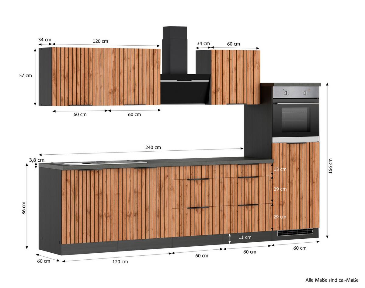 Küchenblock Liverpool m. Geräte Graphit/Eichefarben - Schieferfarben/Eiche Wotan, Basics, Holzwerkstoff/Metall (300cm) - Held