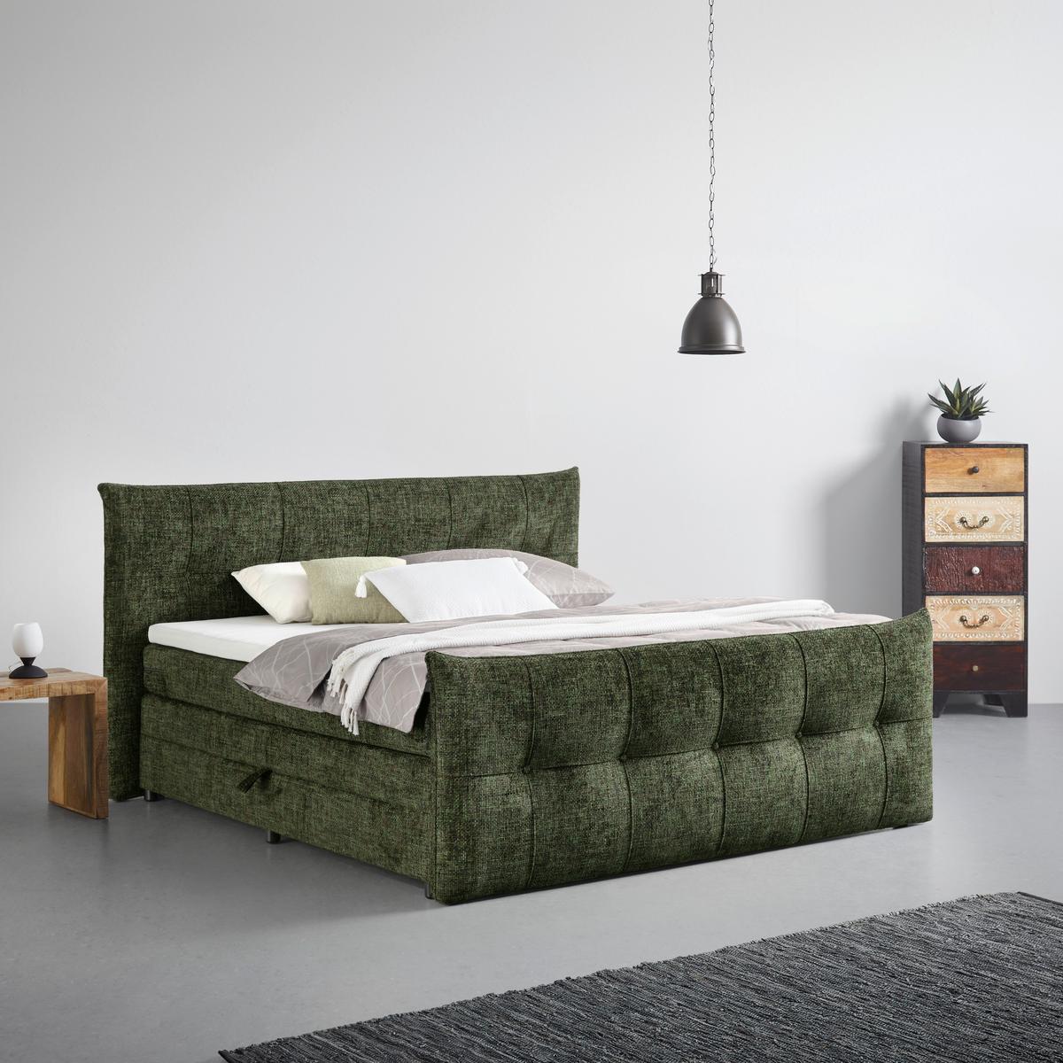 Boxspringbett Liverpool 3 Olivgrün ca. 180x200cm - Schwarz/Olivgrün, Konventionell, Holzwerkstoff/Kunststoff (180/200cm) - Premium Living
