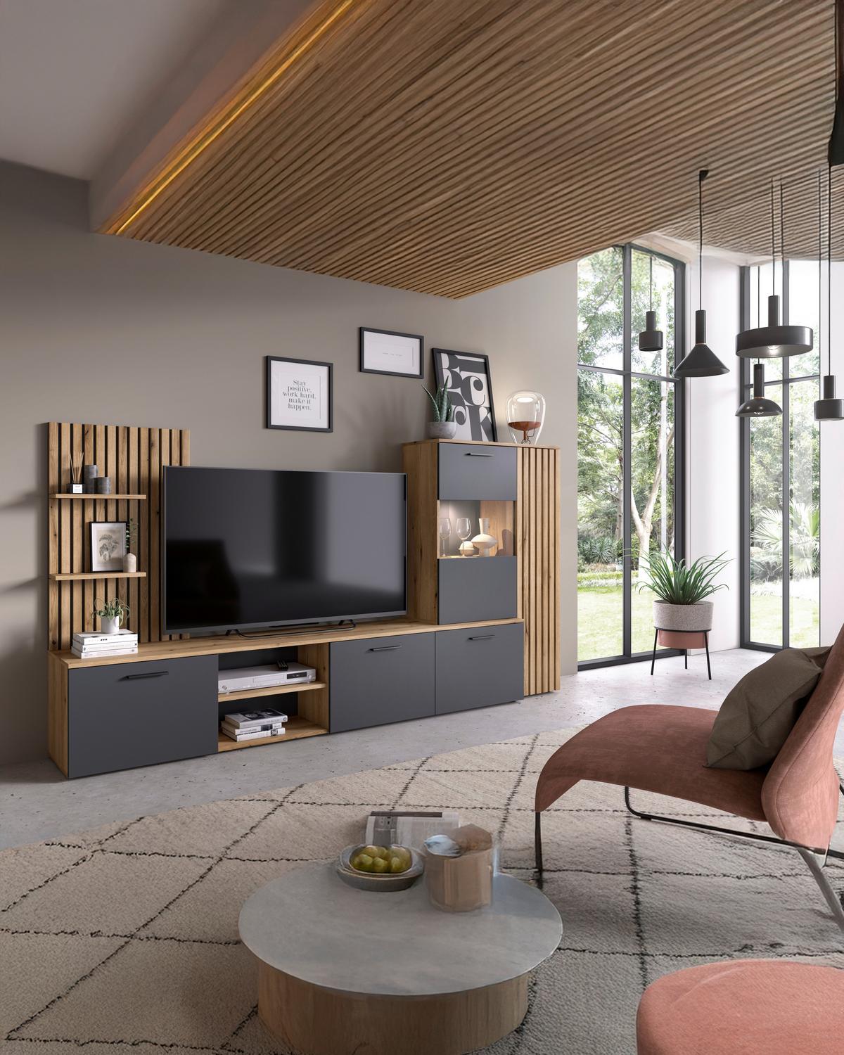 Ansamblu mobilier cameră de zi MAILAND - culoare lemn stejar/antracit, Modern, sticlă/material pe bază de lemn (250/135/38cm) - Modern Living