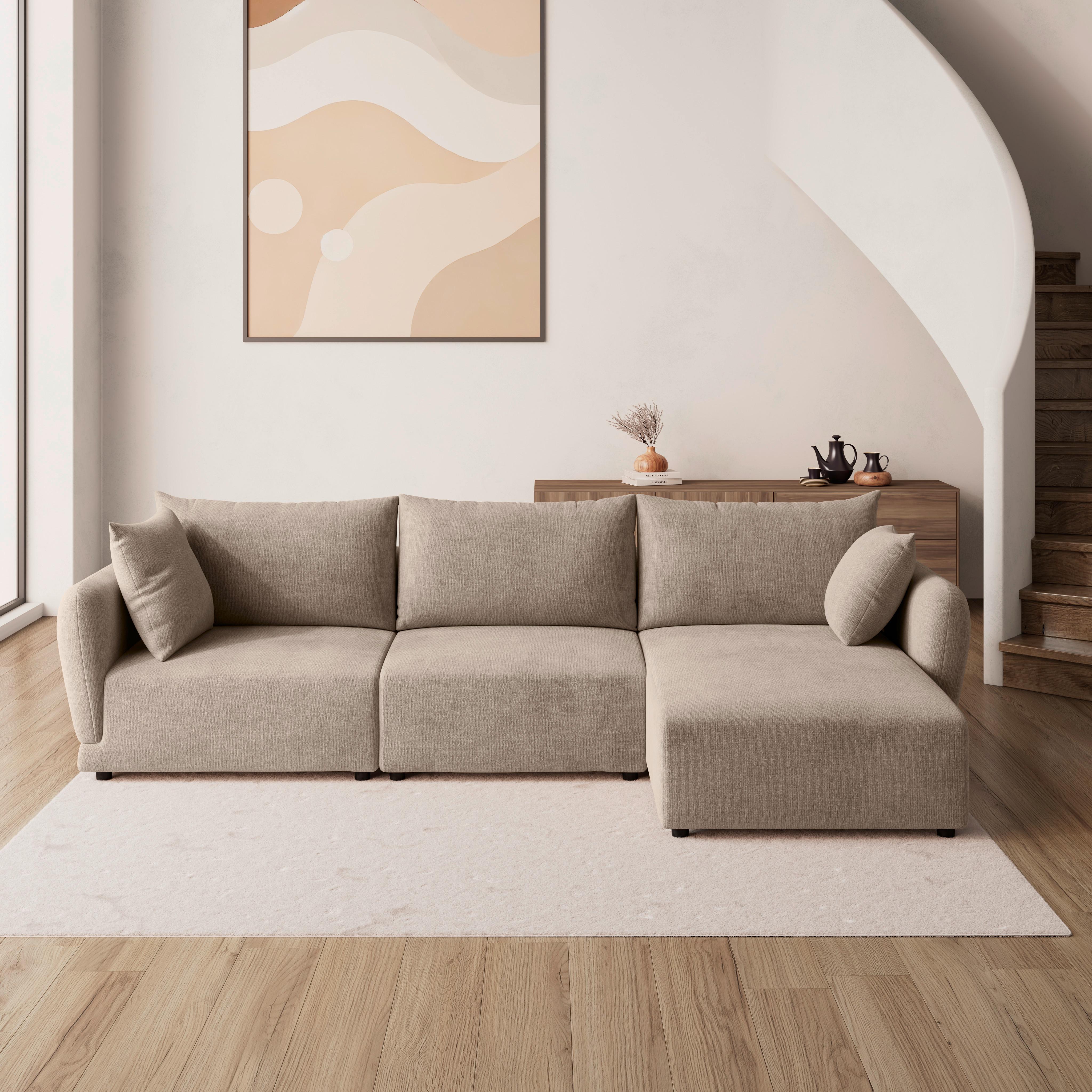 Wohnlandschaft Nicole Greige Chenille - Greige/Schwarz, MODERN, Holz/Kunststoff (306/87/162cm) - Bessagi Home