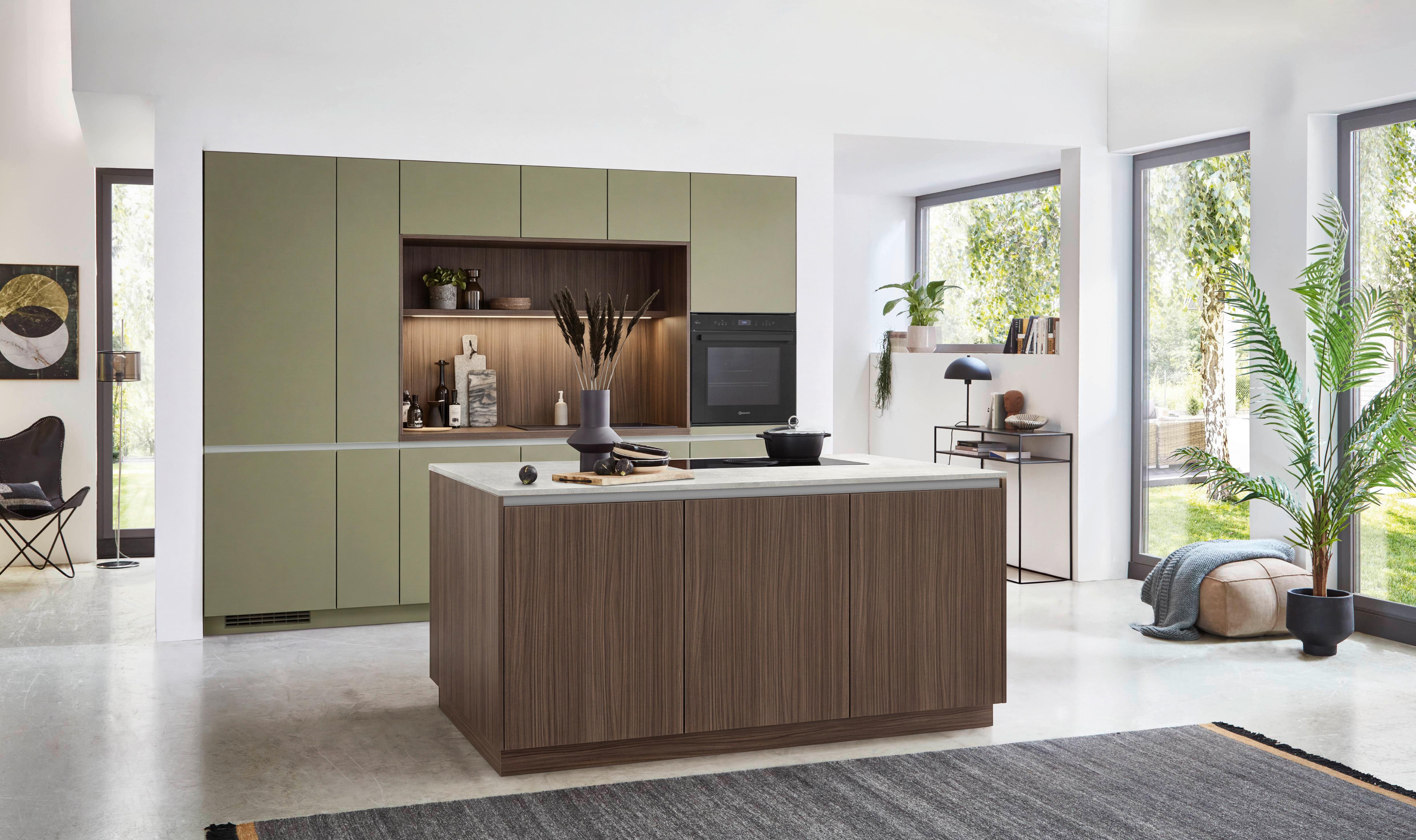 Einbauküche Senso/Structura o. Geräte Olivgrün/Nussbaum - Sandfarben/Edelstahlfarben, MODERN, Holzwerkstoff (300cm) - Nobilia