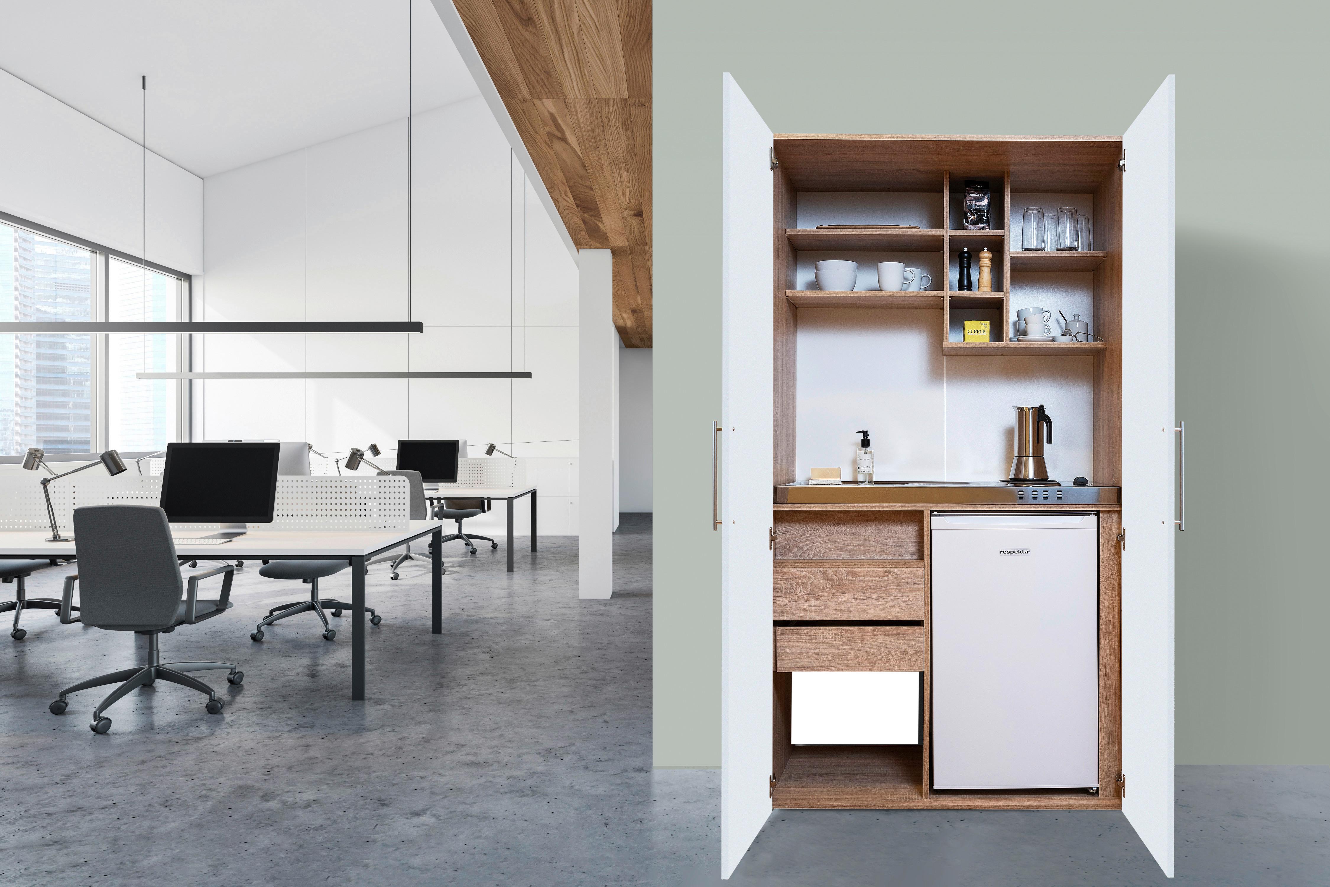 Schrankküche Weiß Kühlschrank + Kochfeld B: ca. 104 cm - Edelstahlfarben/Eichefarben, KONVENTIONELL, Holzwerkstoff/Metall (104/193/67cm) - Respekta