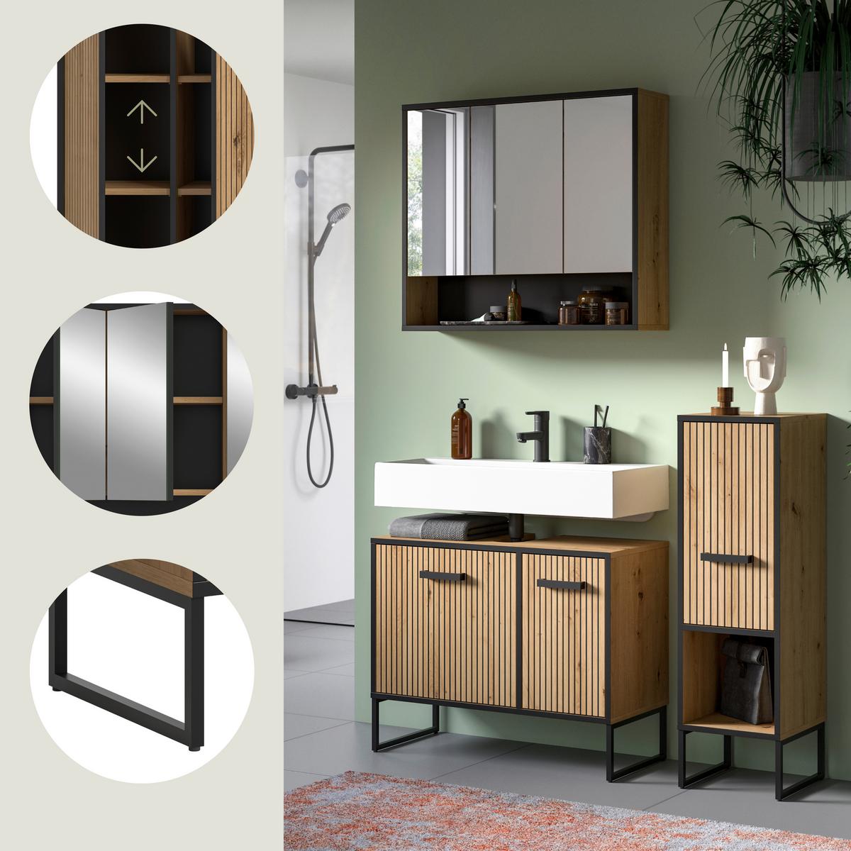 Badezimmer Bagno 3-tlg. Eiche Artisan/Schwarz - Schwarz/Eiche Artisan, Trend, Glas/Holzwerkstoff (110cm) - MID.YOU