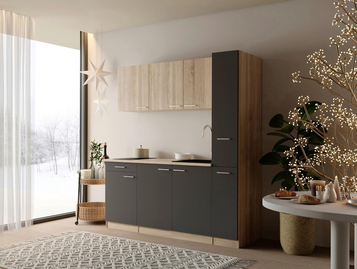 Küchenblock Ingrid m. Gerät Grau - Eichefarben/Alufarben, Design, Holzwerkstoff/Kunststoff (180cm) - Respekta