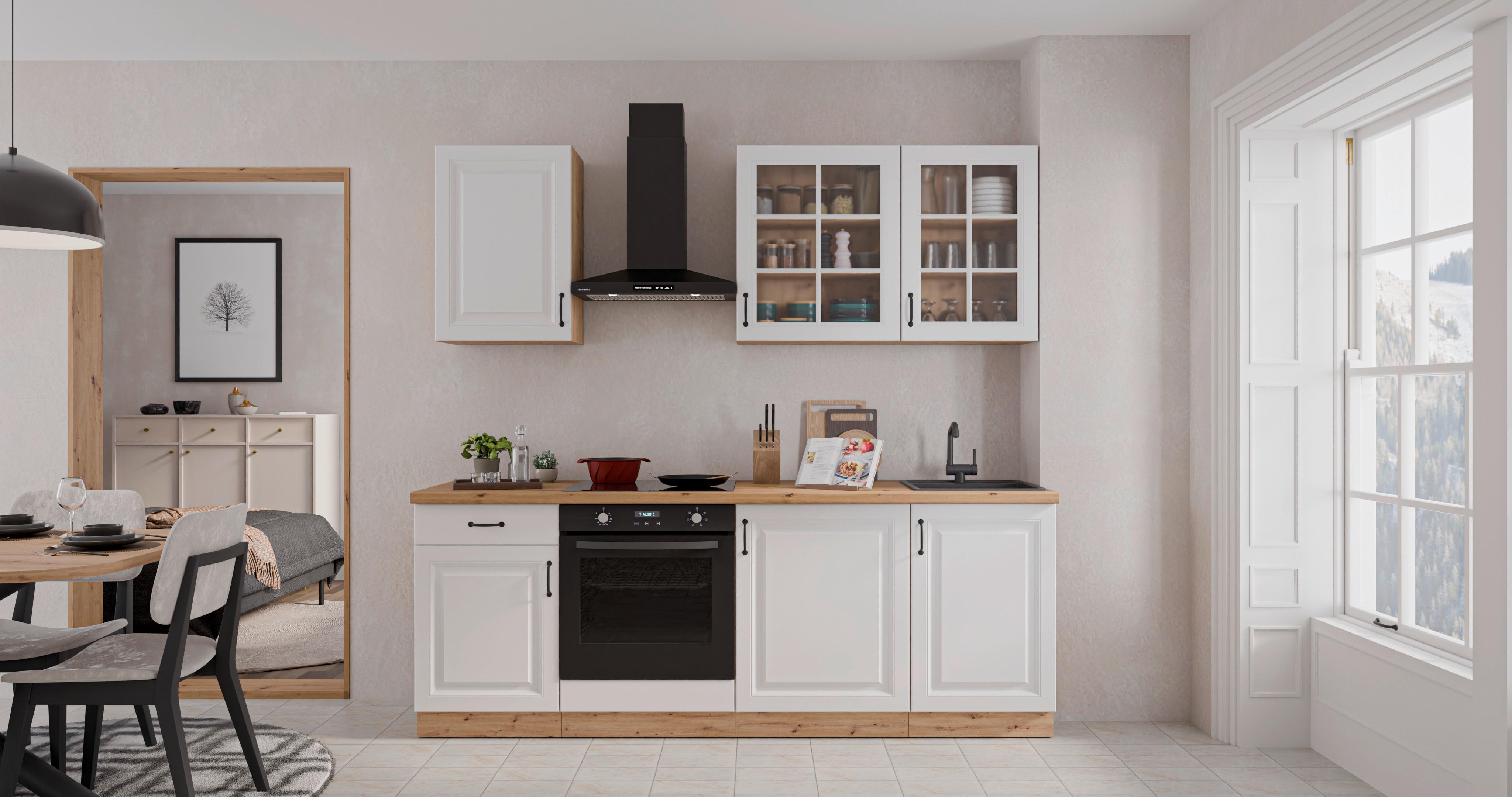 Bucatarie standard STILO - alb/stejar Artisan, Modern, sticlă/metal (220/219/60cm)