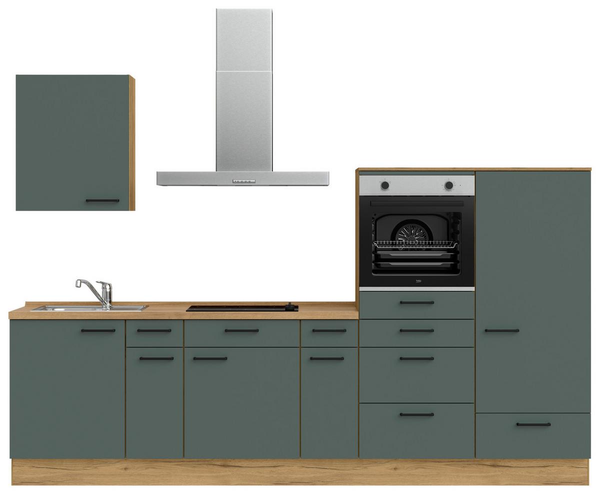 Küchenblock Easytouch m. Geräten Dunkelgrün - Dunkelgrün/Eichefarben, MODERN, Holzwerkstoff/Metall (300cm) - Nobilia