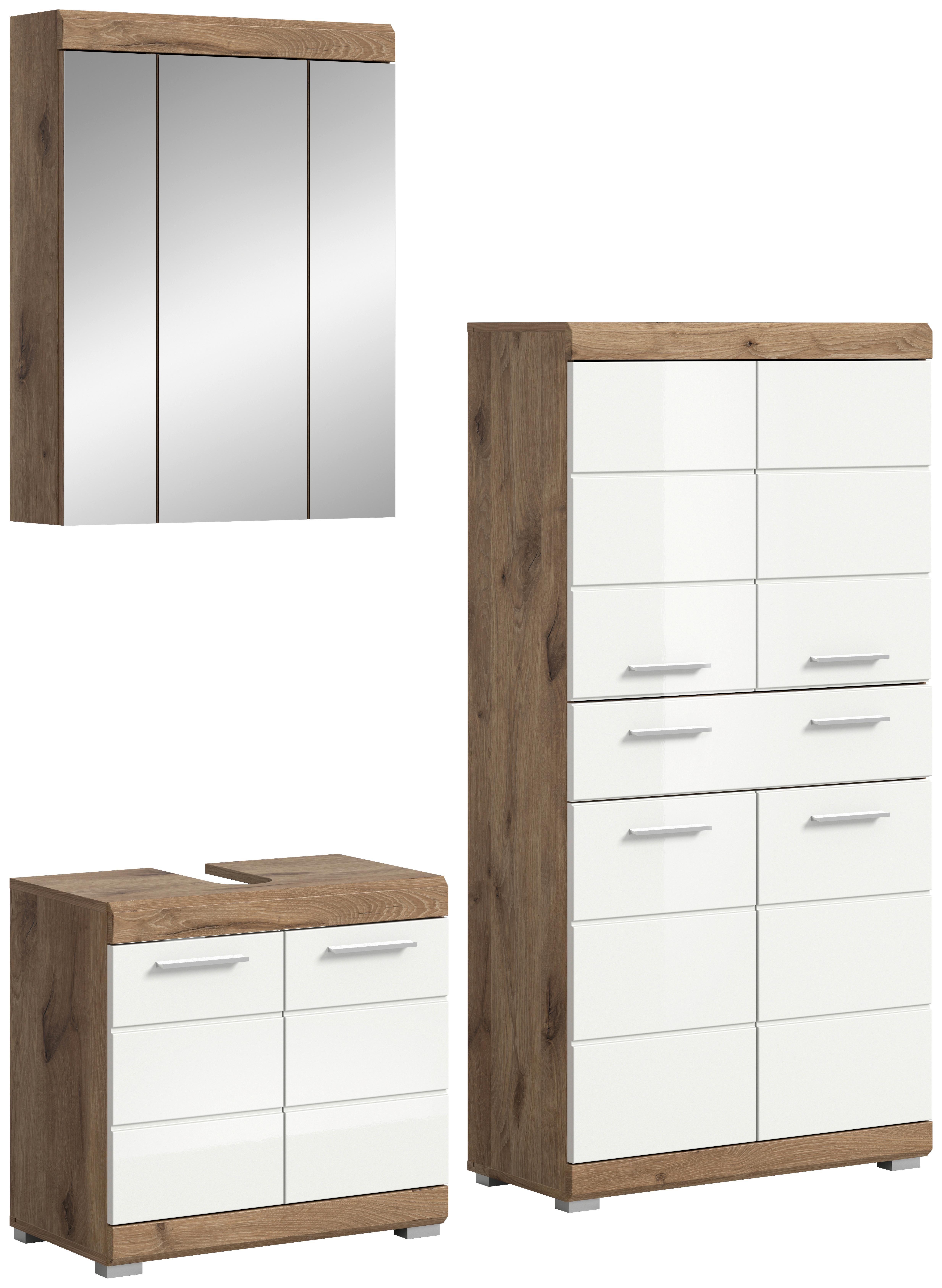 Kopalnica Wave, Bela/hrast - barve kroma/srebrne barve, Moderno, umetna masa/steklo (134cm) - MID.YOU