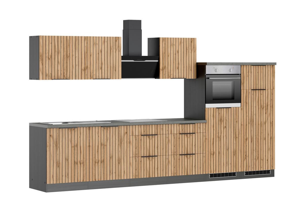 Küchenblock Liverpool m. Geräte Graphit/Eichefarben - Schieferfarben/Eiche Wotan, Basics, Holzwerkstoff/Metall (360cm) - Held
