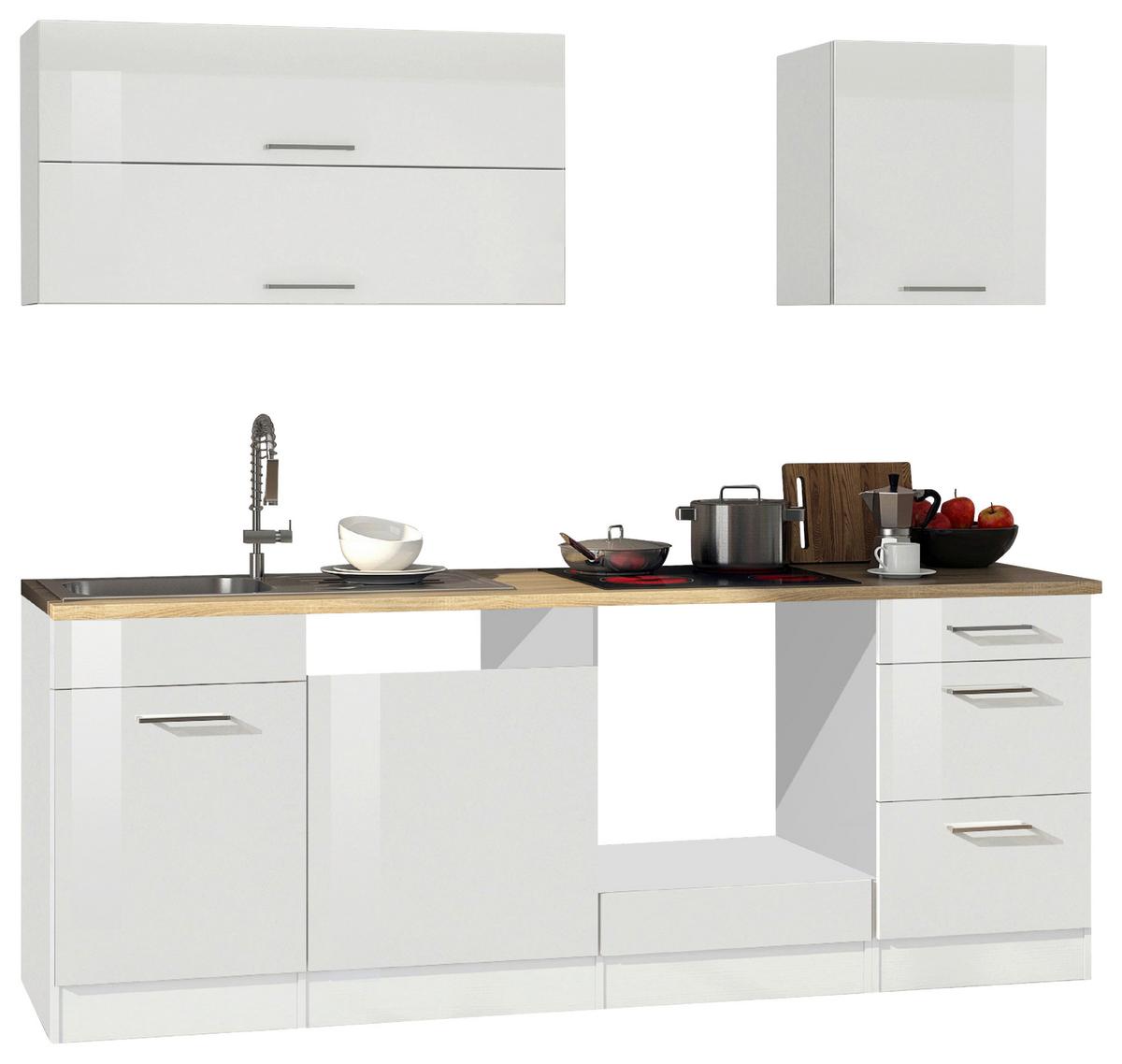 Küchenleerblock Mailand o. Geräte Weiß Hochglanz - Weiß Hochglanz/Silberfarben, MODERN, Glas/Holzwerkstoff (220cm) - Held