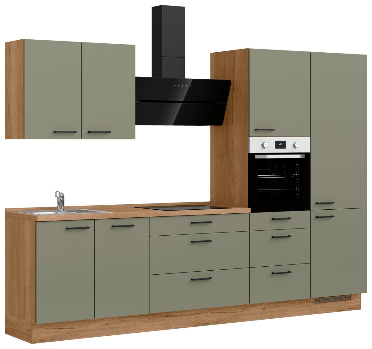 Küchenleerblock Senso High o. Geräte Olivgrün - Eichefarben/Schwarz, ROMANTIK / LANDHAUS, Holzwerkstoff/Metall (300cm) - Nobilia