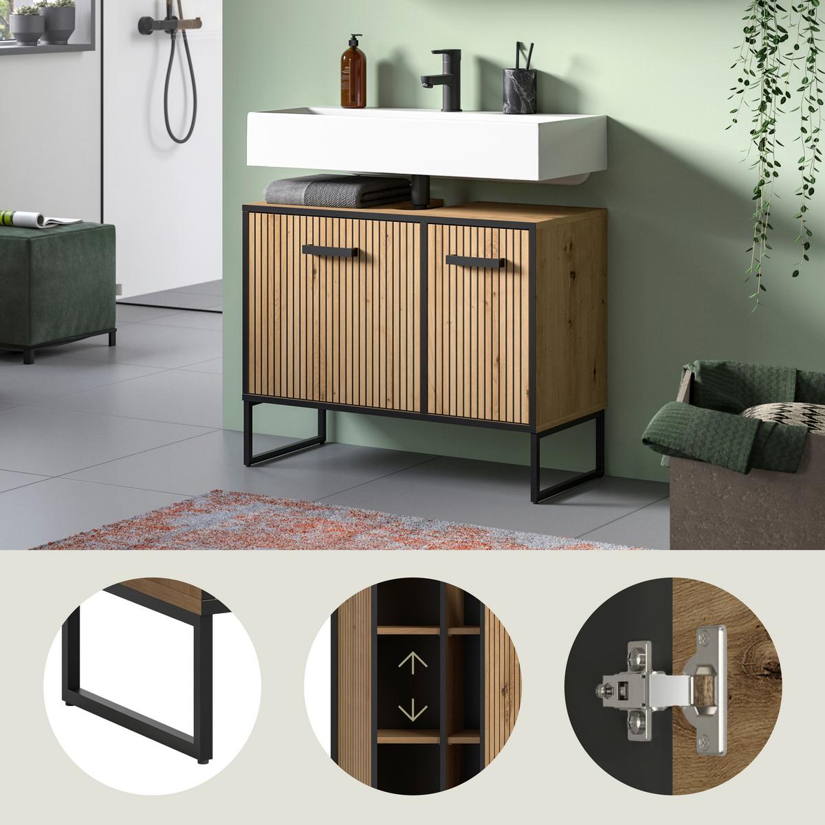 Waschbeckenunterschrank Bagno Eiche Artisan/Schwarz - Schwarz/Eiche Artisan, Trend, Holzwerkstoff/Kunststoff (80/63/36cm) - MID.YOU