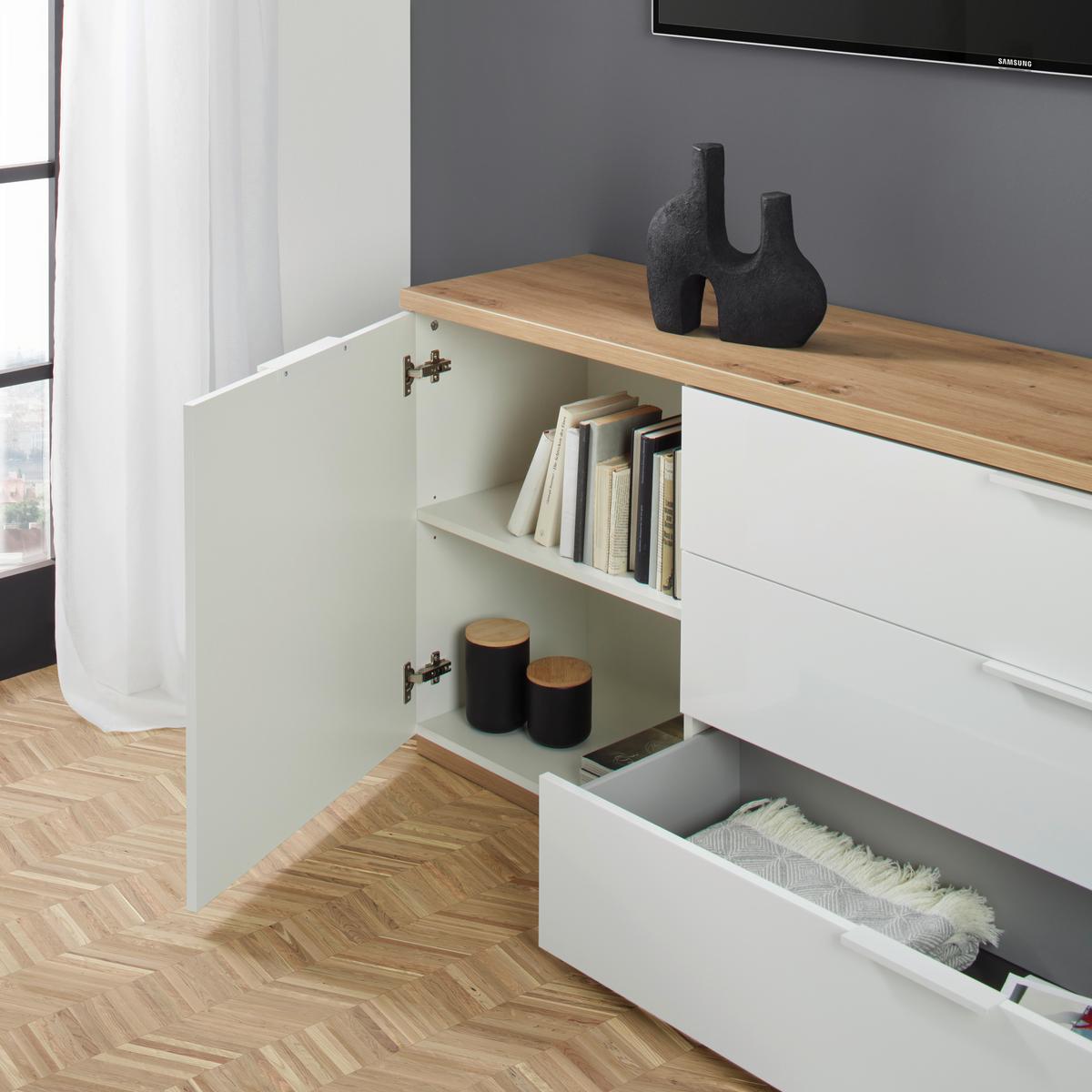 Tv-element Wide, Bela, Barva Hrasta - bela/visoki sijaj, Moderno, kovina/leseni material (240/75/40cm) - Mömax