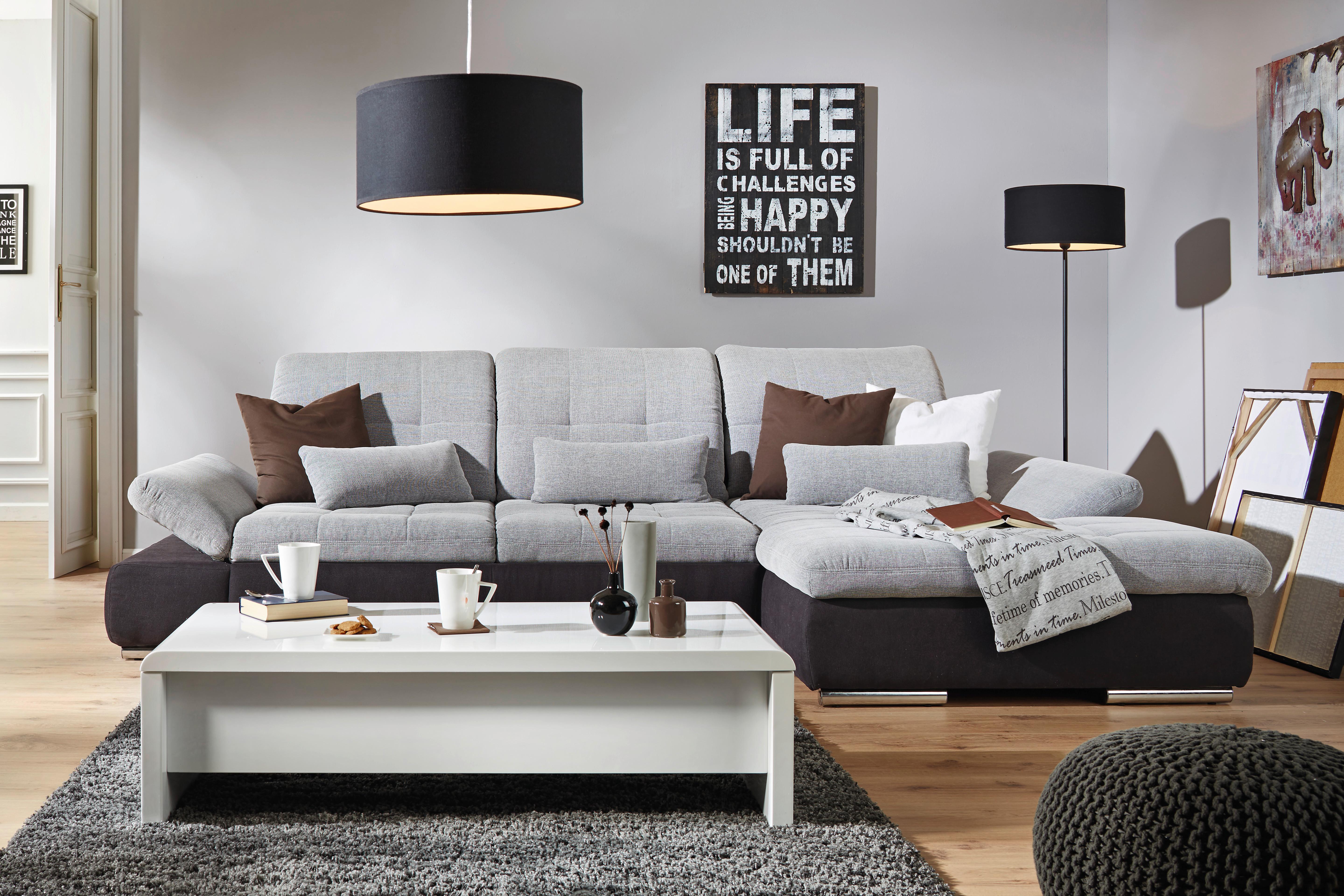Ecksofa in Grau mit Bettfunktion - Chromfarben/Schwarz, Modern, Metall (305/199cm) - Premium Living
