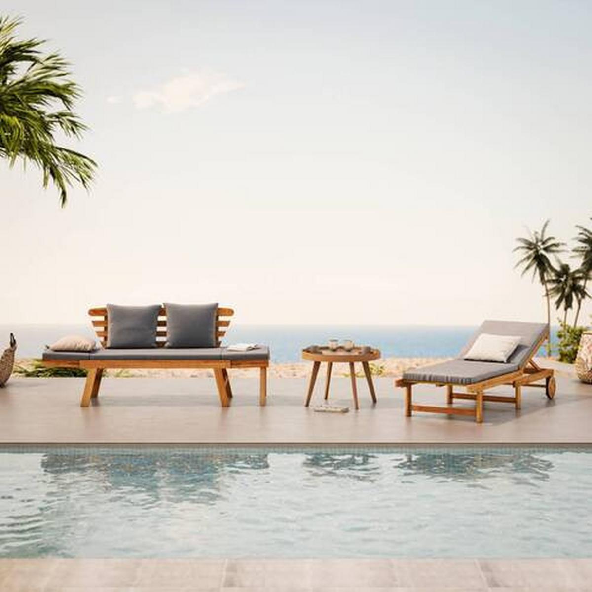 LEŻAK OGRODOWY TENERIFFA - kolor akacjowy/szary, Basics, drewno/tkanina (186/32/70cm) - Ambia Garden