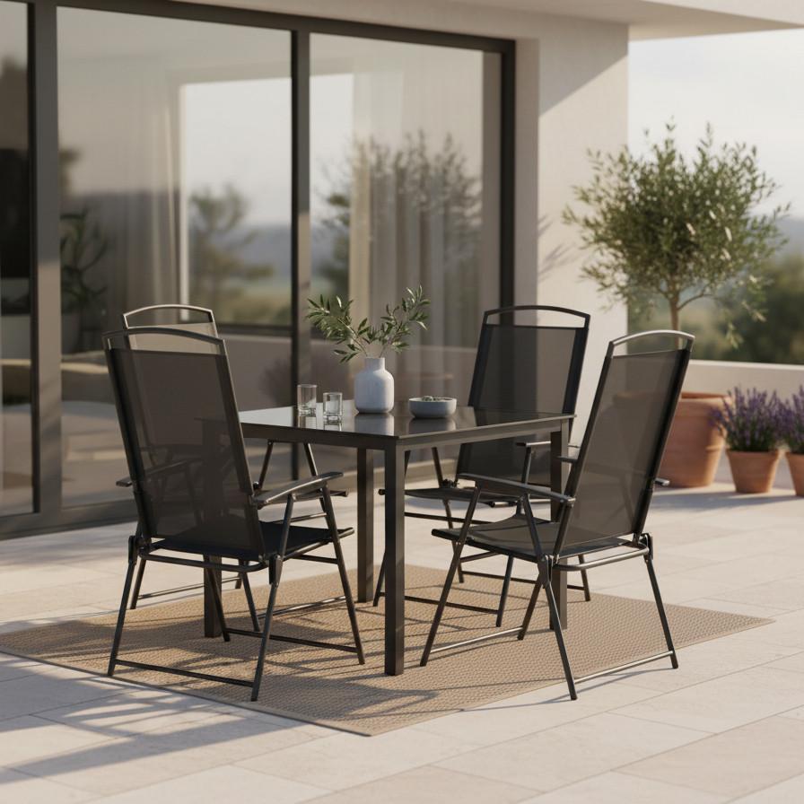 Gartentischgruppe Schwarz 5-teilig - Anthrazit/Schwarz, Basics, Glas/Textil (80/80/76cm) - Gardenson