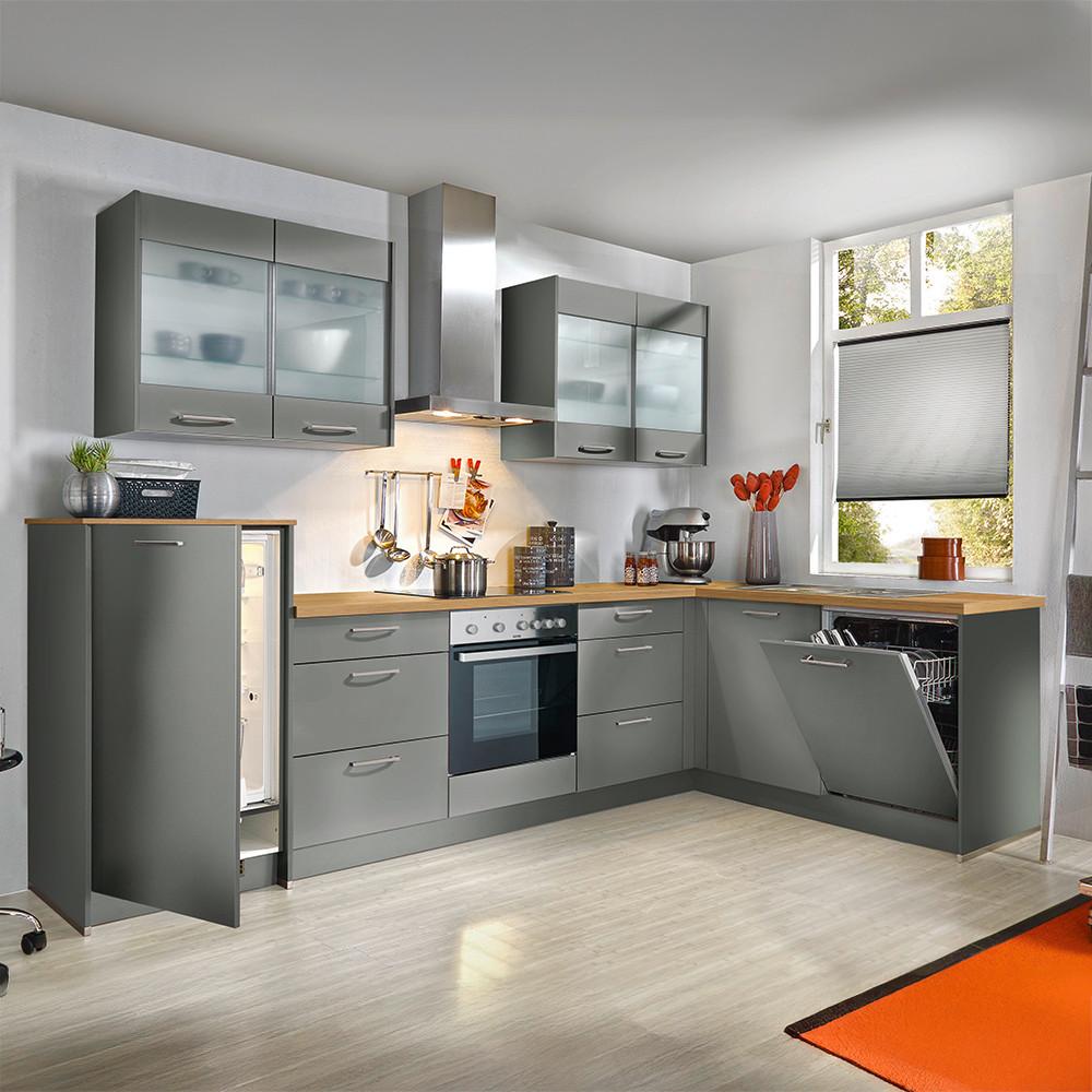 Eckküche Win o. Geräte ca. 305x185 Anthrazit matt - Edelstahlfarben/Eichefarben, MODERN, Holzwerkstoff/Metall (305/185cm) - Express-Kuechen