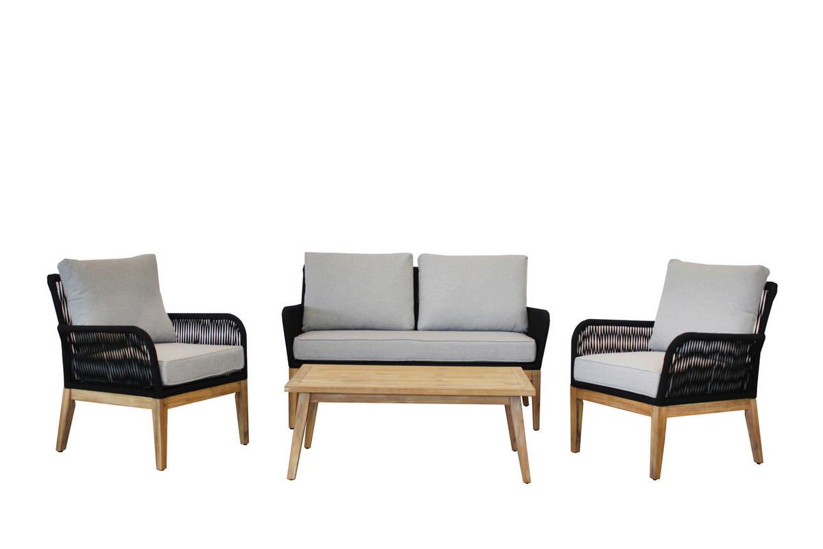 Loungegarnitur 4-tlg Mykonos aus Holz mit Kissen - Anthrazit/Hellgrau, Basics, Holz/Textil (135/90/73cm) - Acamp