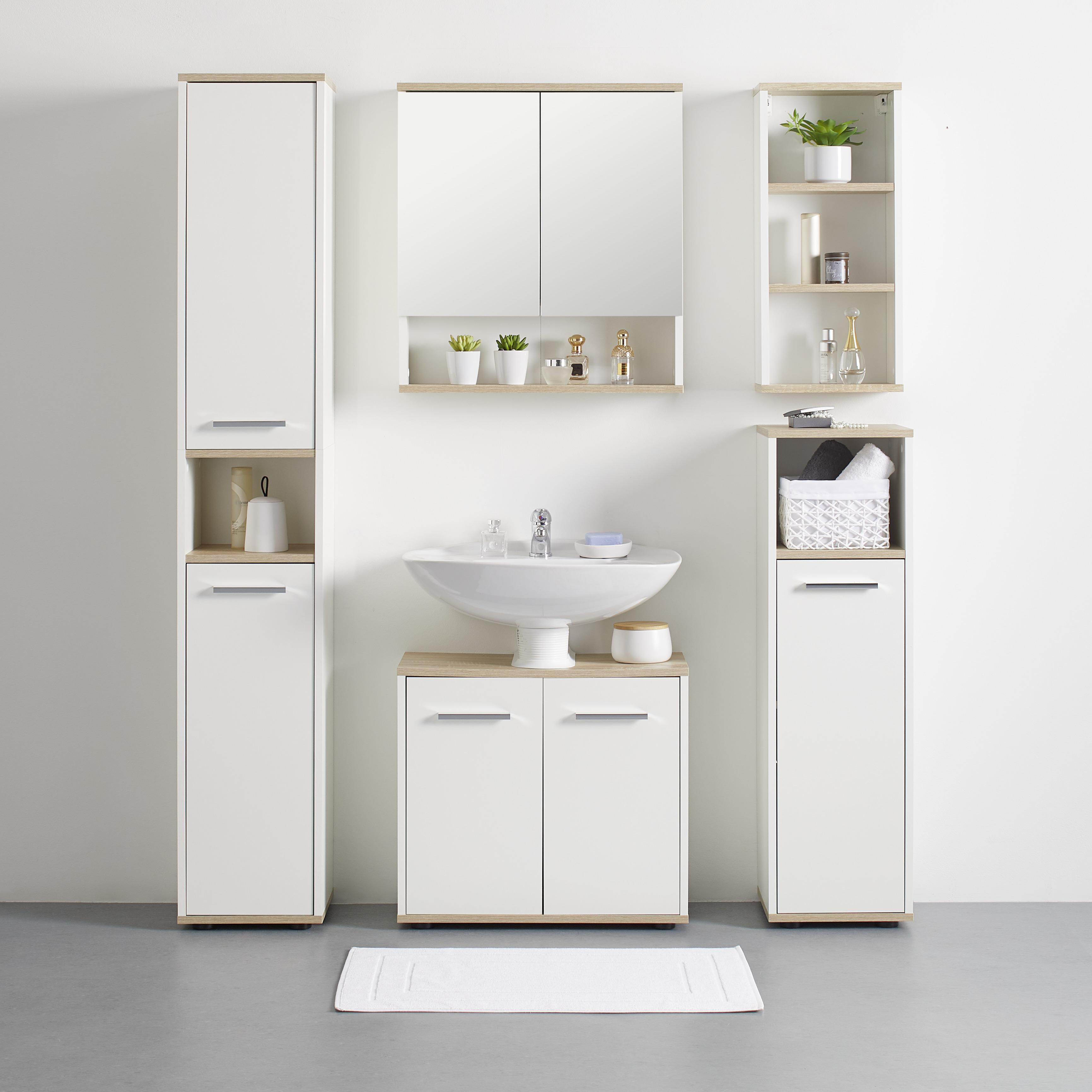 SZAFKA Z LUSTREM YASMIN S: 60 CM BIAŁA - kolor dębowy/biały, Basics, materiał drewnopochodny/szkło (60/65/13,9cm) - MID.YOU