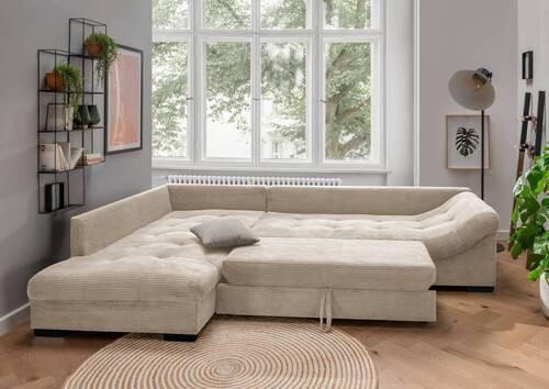 Wohnlandschaft Alvito Beige Cord - Beige/Schwarz, Design, Holz/Textil (202/298cm) - MID.YOU