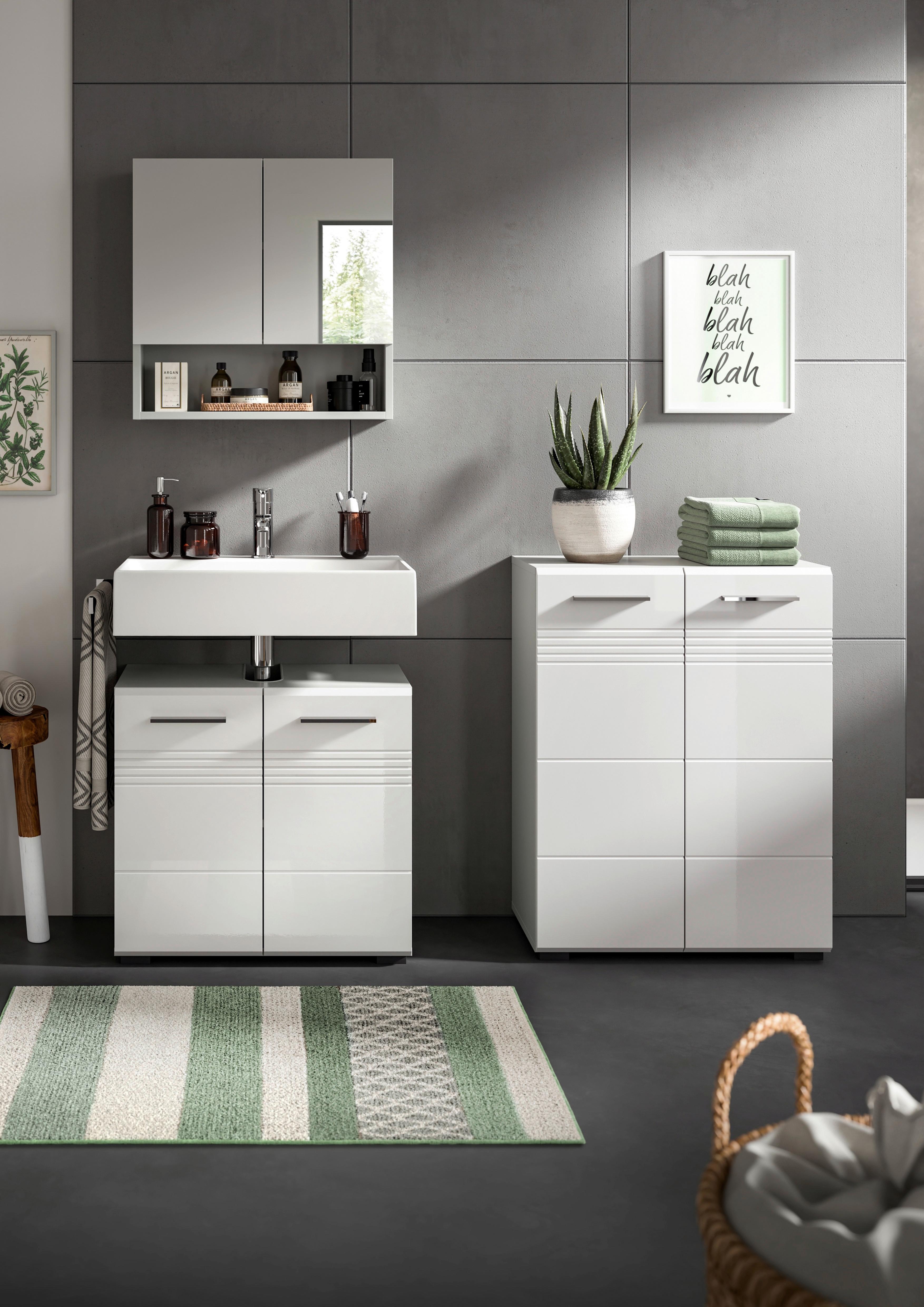 Badezimmer-Set COPA 3-teilig, Grau/Weiß Hochglanz - Chromfarben/Weiß Hochglanz, MODERN, Holzwerkstoff/Kunststoff (130cm) - MID.YOU