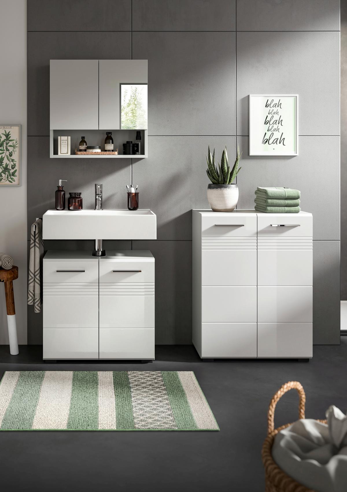 Badezimmer-Set COPA 3-teilig, Grau/Weiß Hochglanz - Chromfarben/Weiß Hochglanz, MODERN, Holzwerkstoff/Kunststoff (130cm) - MID.YOU