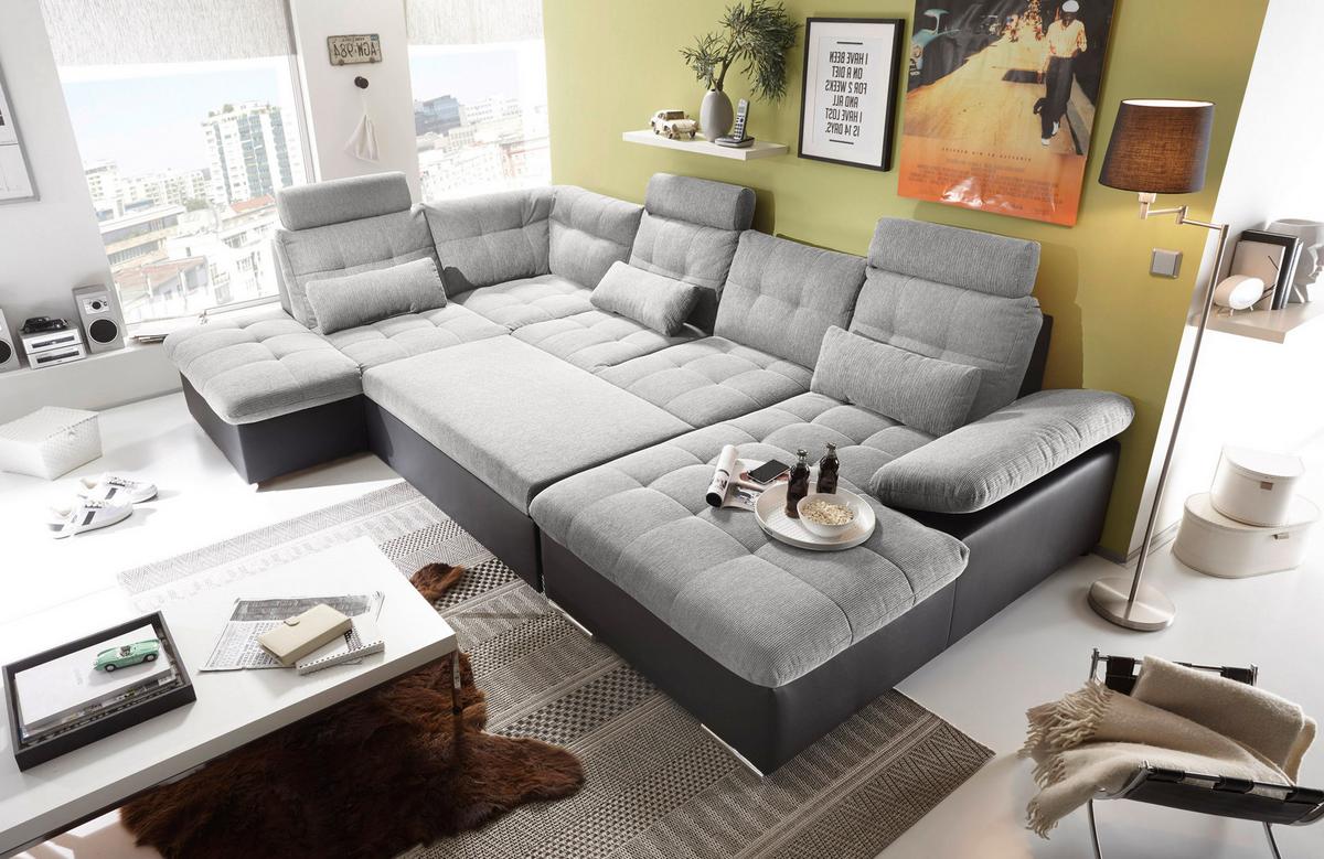 Wohnlandschaft Jakarta U inkl. Kissen Schwarz/Silber - Silberfarben/Schwarz, MODERN, Holzwerkstoff/Textil (218/324/170cm) - MID.YOU