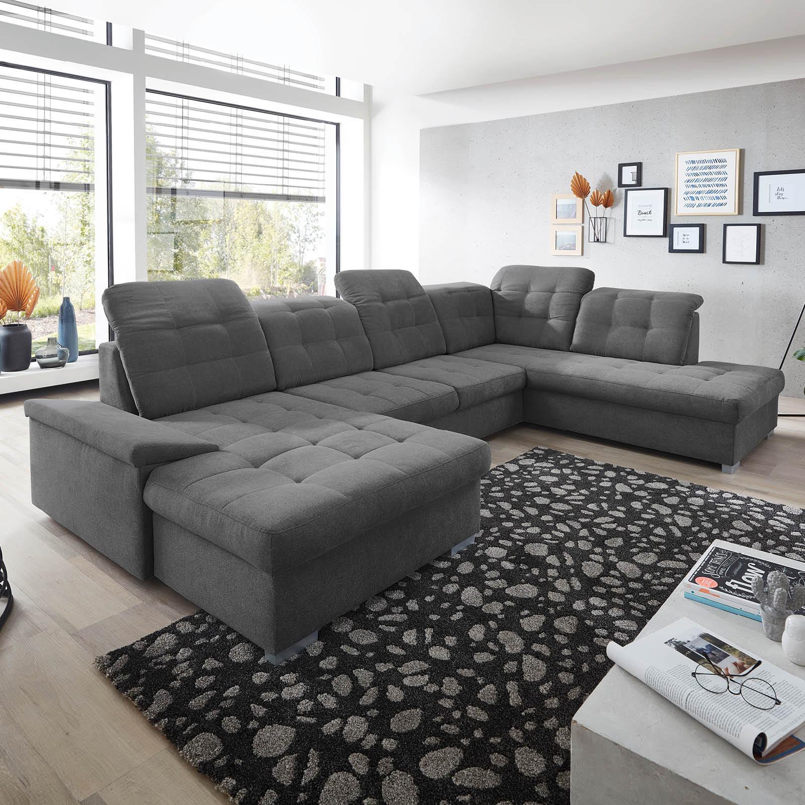 Wohnlandschaft Zira Anthrazit Nylon/Mikrofaser - Chromfarben/Anthrazit, Design, Holz/Kunststoff (169/330/212cm) - Livetastic