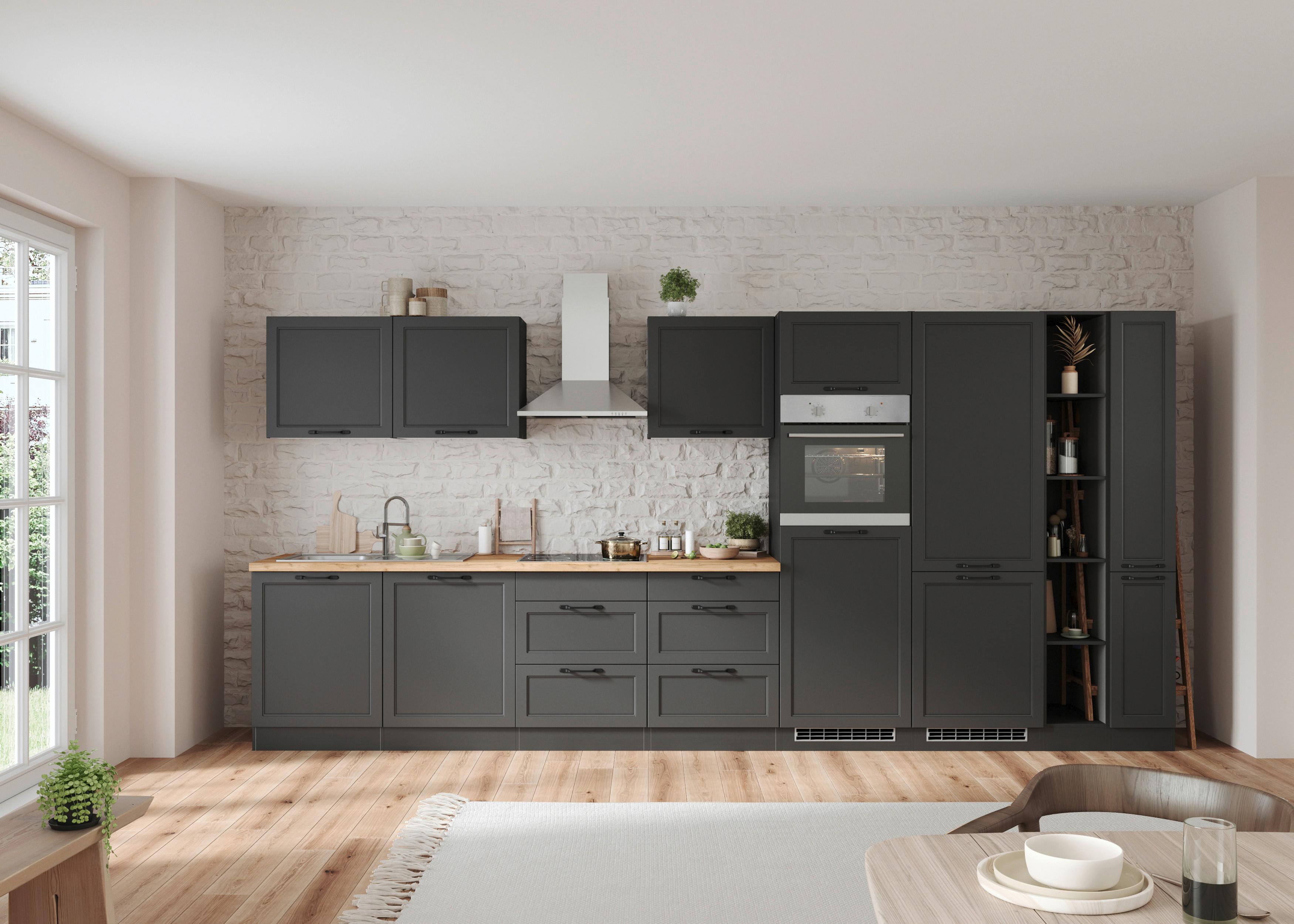 Küchenzeile Meran ohne Geräte ca. 420 cm Grau/Eiche Dekor - Eiche Wotan/Schwarz, LIFESTYLE, Holzwerkstoff/Metall (420cm) - Held