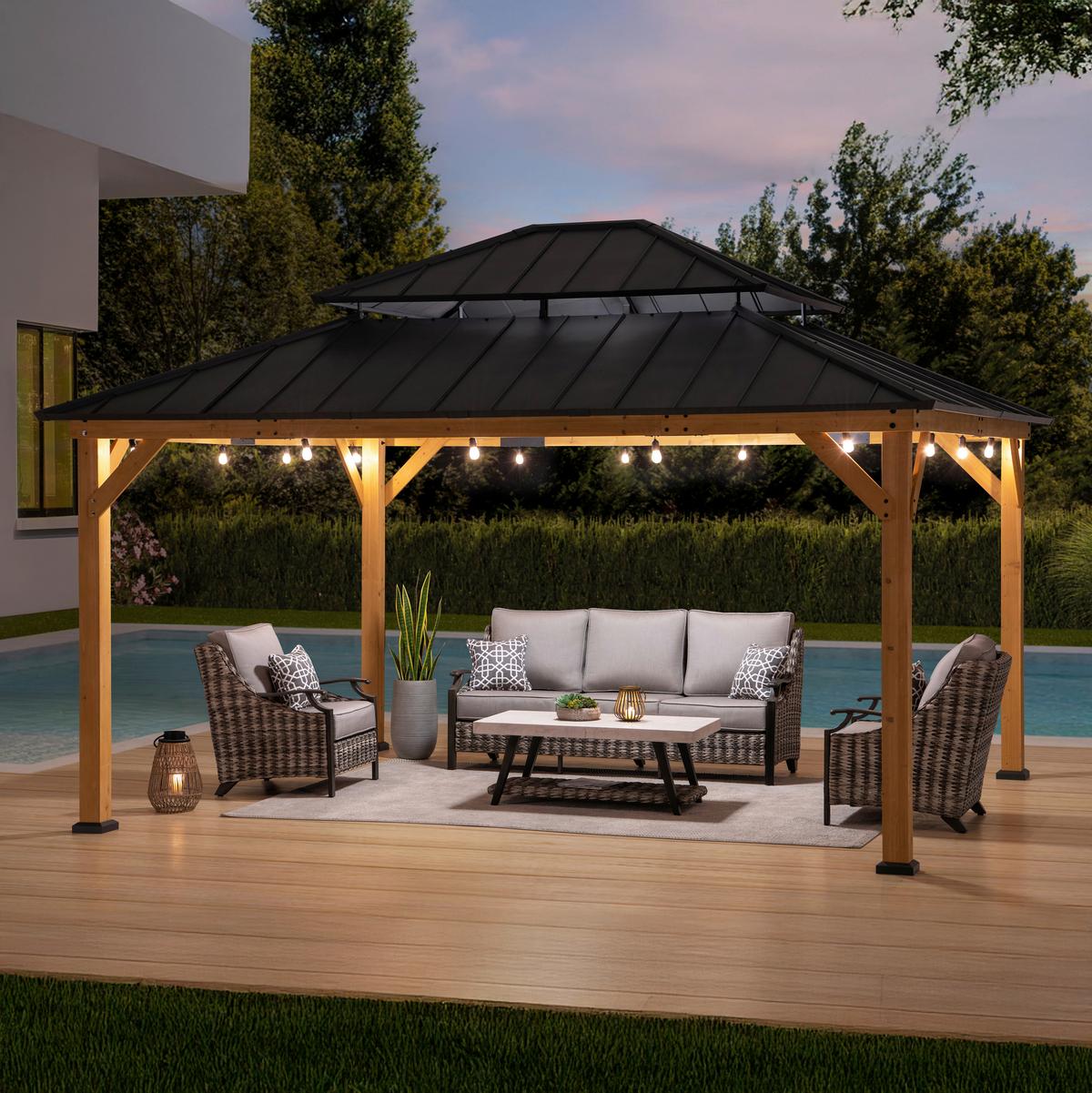 Pavillon Gazebo Anthrazit Echtholz - Anthrazit, Basics, Metall (390/320/450cm) - Modante