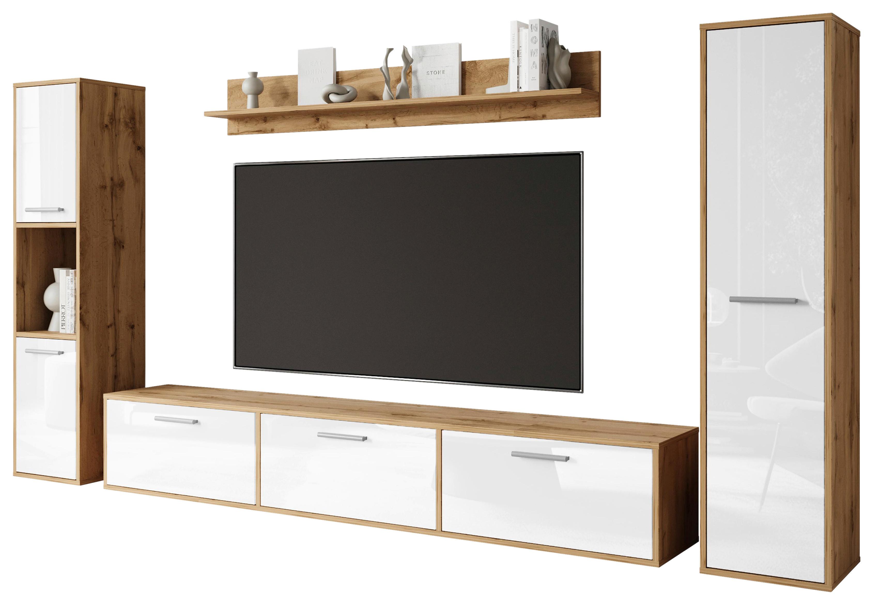 WOHNWAND BOGOTA XL WOTAN EICHE/WEISS - Weiß Hochglanz/Eiche Wotan, Basics, Holzwerkstoff/Kunststoff (240/130/31cm) - MID.YOU