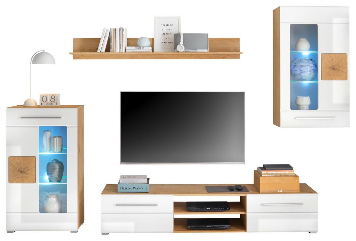 Dnevni Regal Georgia 1, Bela, Visoki Sijaj, Imitacija Hrasta - srebrne barve/bela, Basics, umetna masa/steklo (240/190/43cm) - Ti'me